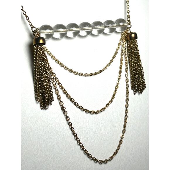 Moss Mills USA Necklace 18" Clear Beads Brass Tassels Layered Chains Statement - Picture 1 of 10